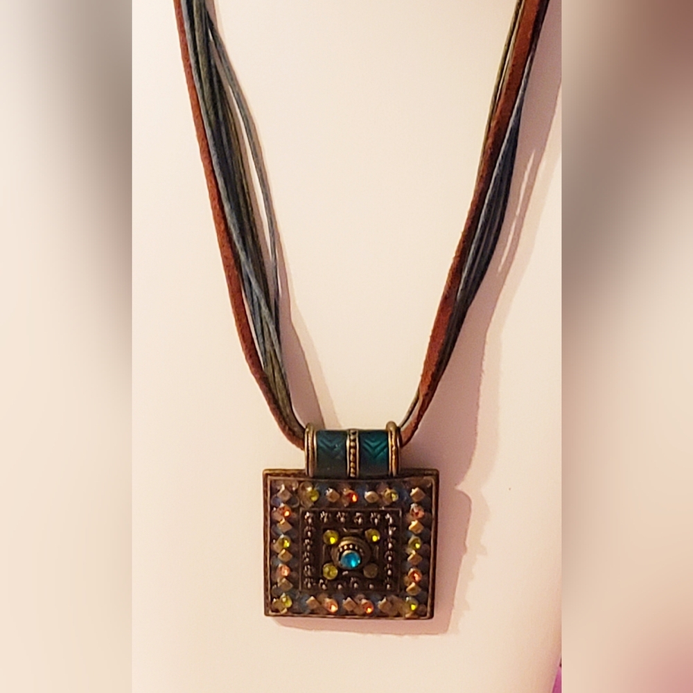 Multi-strand Leather Boho Bead Necklace In Teal and Brown,EUC.